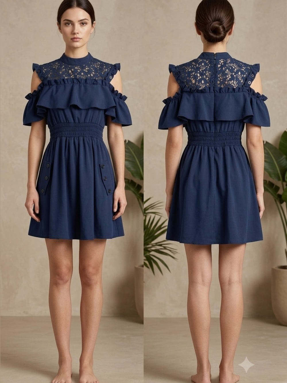 Women's Navy Blue Cold Shoulder Convertible Mini Dress Lace Trim Ruffle Pockets
